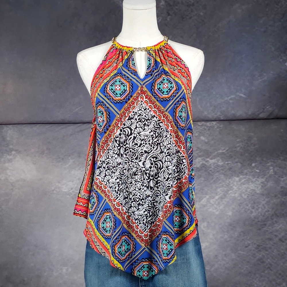 Vintage Coco Bianco Halter Top Boho Scarf Print Handkerchief Blouse Multi S